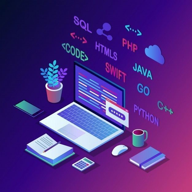 Monitor, laptop y logos de HTML, CSS, JavaScript y React.